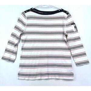Ralph Lauren Striped Knit Top S White Navy Red Shoulder Buttons Coastal Nautical